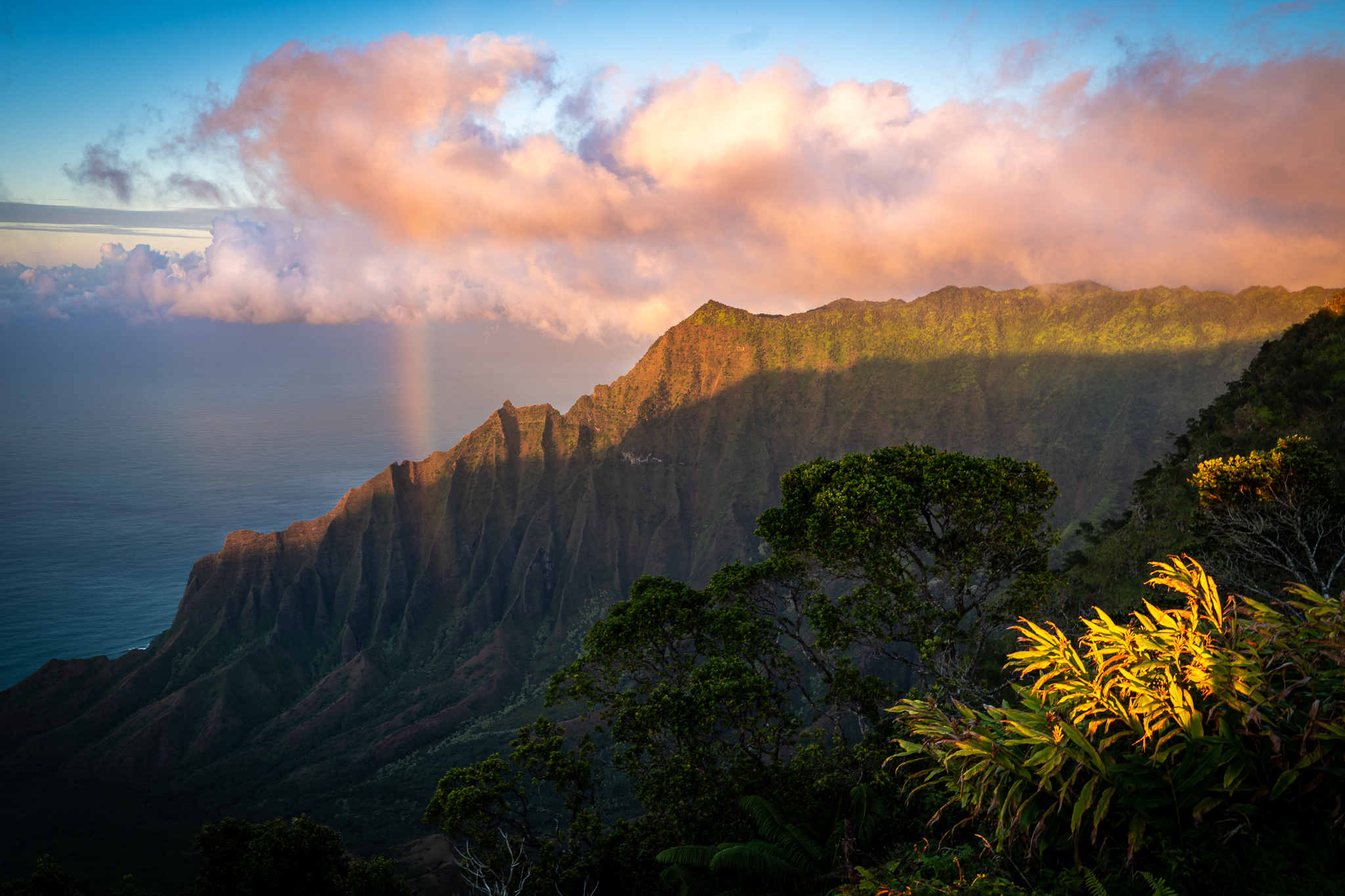 Rainbow sunset at Napali Coast, Kauai.